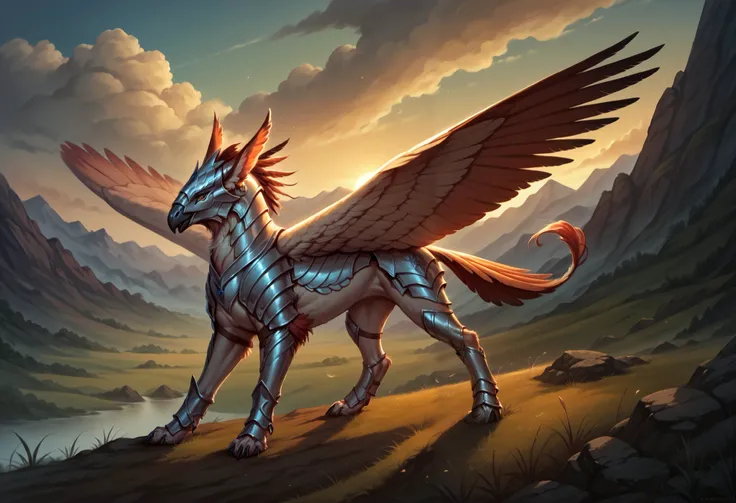 ((feral)) griphon female feathers  delicate  armor mountains detailed realistic intricate colorful detailed in the sunset detailed clouds line drawing cartoon logo