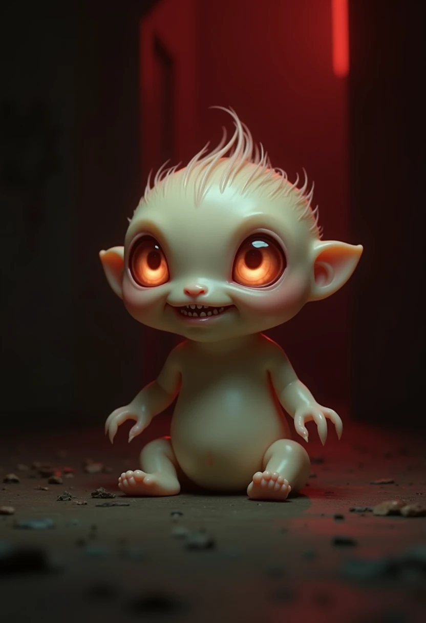 "A small, round creature with a soft, pale face, big, glowing eyes that shine with curiosity. Its tiny, round body gives off an innocent vibe, yet its mischievous grin, showing a hint of sharp teeth, suggests something more unsettling. Its small arms are s...