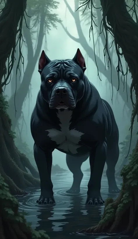 A black and gray anime pitbull with a swamp background 