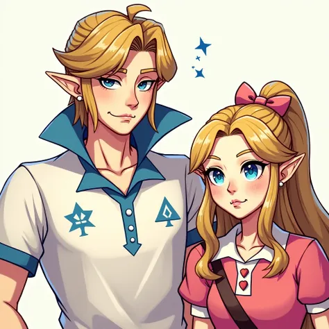 Princess Zelda wearing a polo with her being douche with her boyfriend Prince Link wearing a Massive popped collar polo with a collar so high it's taller than his head