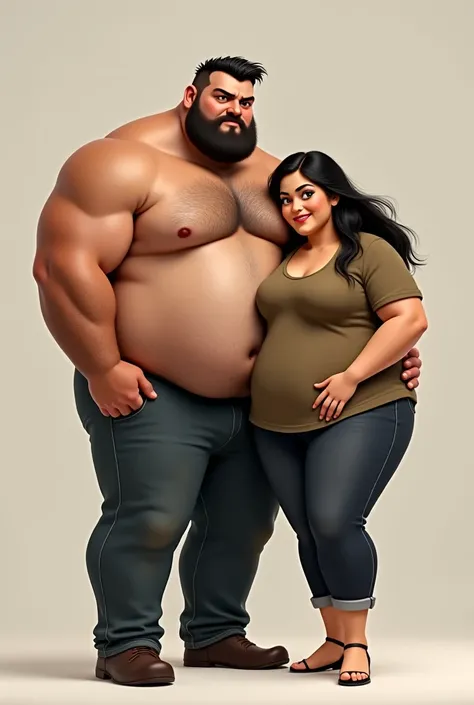 Big tall man with short hair and beard and short chubby woman with black hair brown eyes
