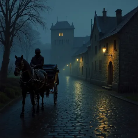 It's night,  cobblestones of concrete tiles ,  you can see the old castle and by what light from the window in the dark, in the foreground a mysterious carriage with a beautiful black horse. It rains and in the haze you can see the glow of street lamps. si...