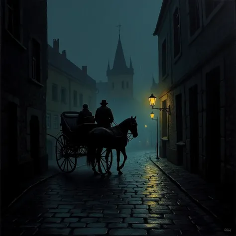 It's night,  cobblestones of concrete tiles ,  you can see the old castle and by what light from the window in the dark, in the foreground a mysterious carriage with a beautiful black horse. It rains and in the haze you can see the glow of street lamps. si...