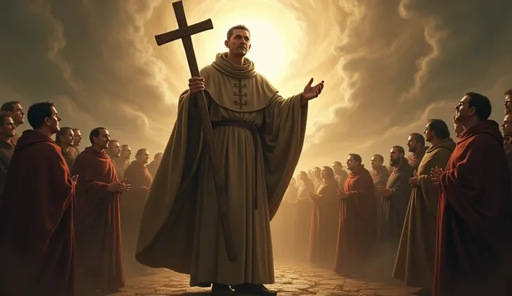 Saint Benedict with a serene expression , holding a cross and blessing a crowd as evil shadows dissipate around.