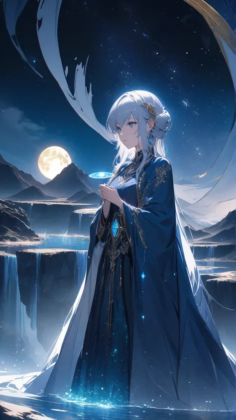 " A goddess with a silver aura ,  dressed in a deep blue cloak ,  adorned with bright stars .  She is standing on a cliff ,  with the full Moon in the background reflected in a crystalline lake.  Her face is serene and maternal ,  and in your hands , she h...