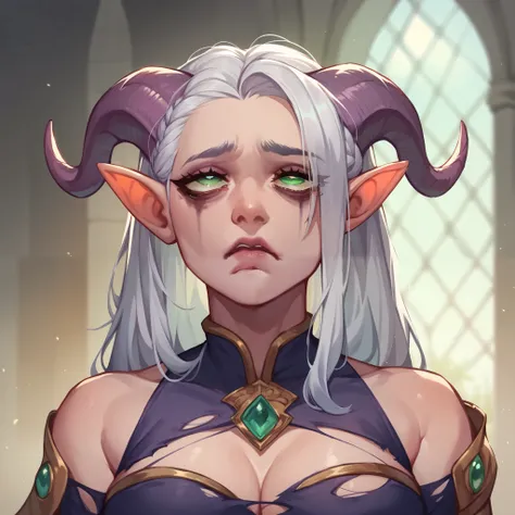 a purple tiefling with green eyes and white hair. she looks depressed and sad, bags under eyes. she has torn medieval clothes on. she is standing in a throne room.