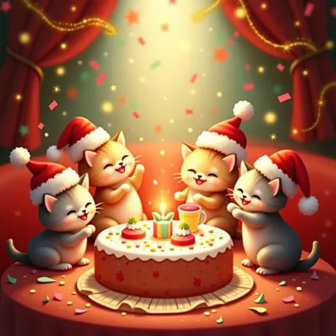 A bunch of kittens with holiday caps are sitting eating cake and drinking drinks, all sorts of confetti garlands and stars and the like, in general, a bunch of details 