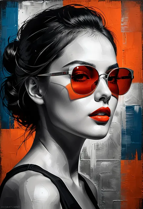 Monochrome portrait, side view, captivating face adorned with light-tinted sunglasses, expressive eye, subtle nose, red lips highlighted, canvas texture, distressed backdrop, chiaroscuro lighting melding black, silver, red, orange shades for depth, loose b...