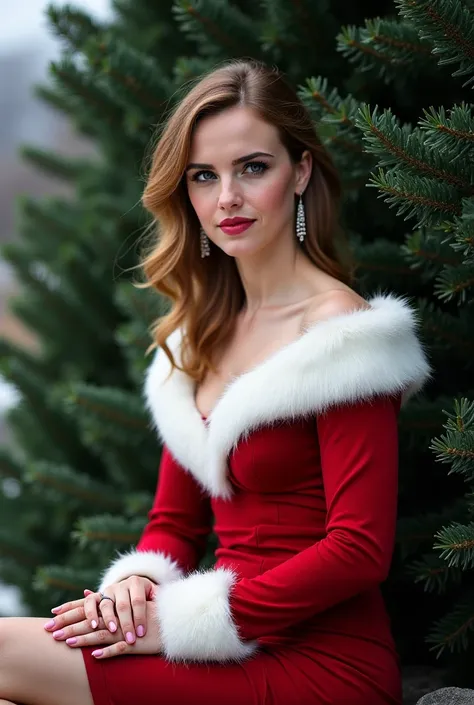 Emma Watson in a sexy Christmas outfit sitting next to a juniper tree