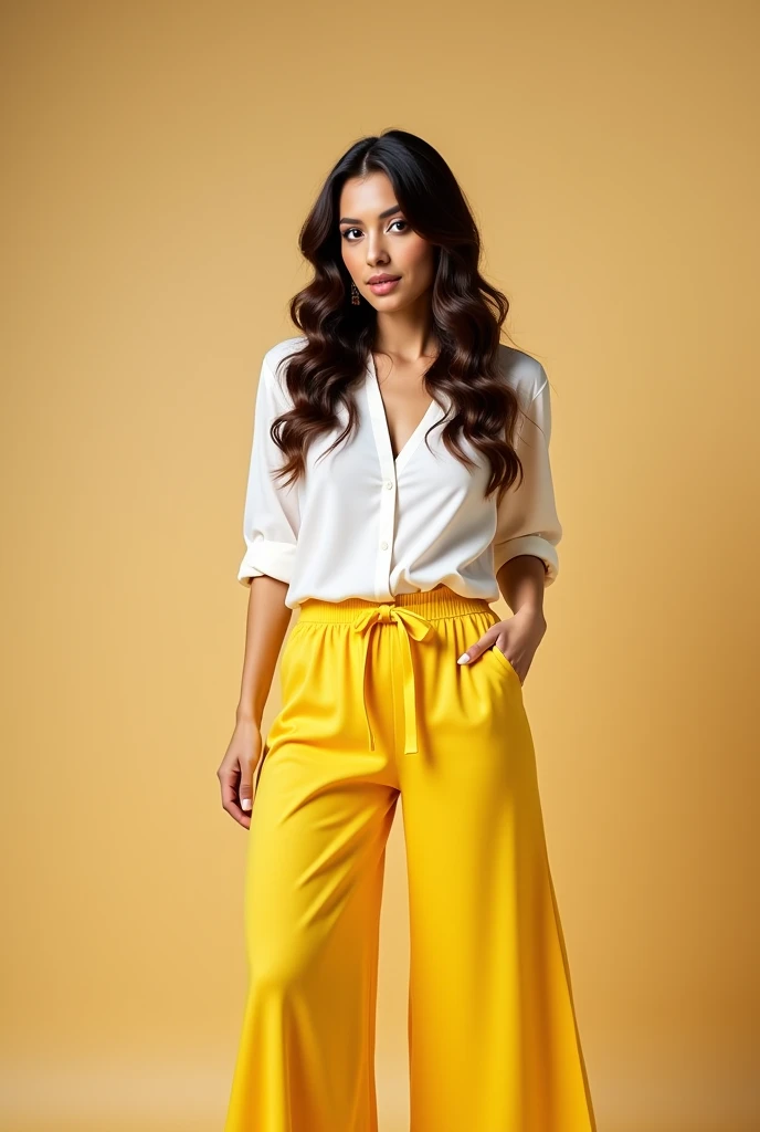 a woman in yellow pants and a white top is posing for a picture, a picture inspired by Puru, instagram, arabesque, actress, stylish pose, dressed with long fluent clothes, with lovely look, attractive pose, very beautiful photo, new song, cool pose, in an ...