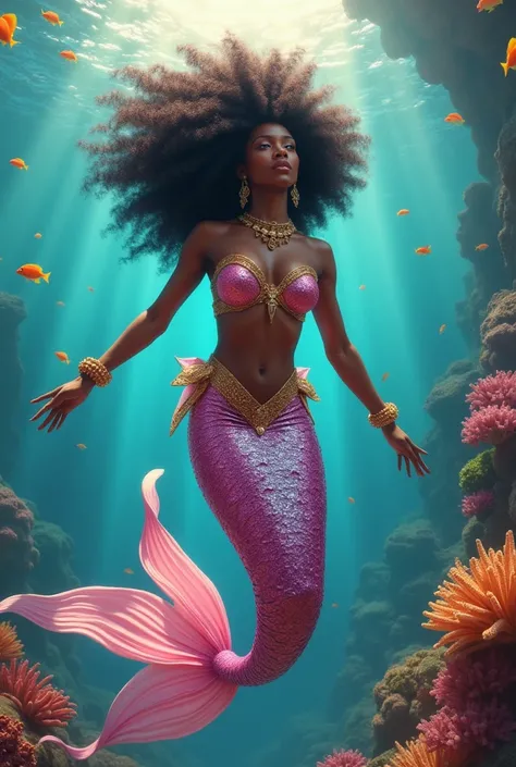 beautiful black mermaid, curly afro, in bright underwater kingdom, pink and gold outfit, ultra realistic