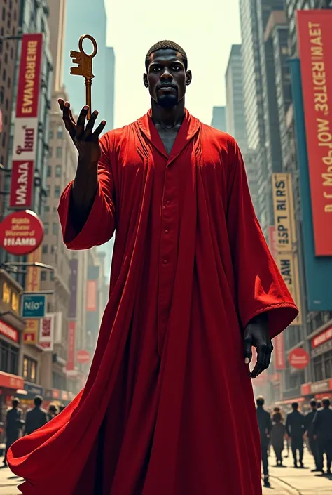 Tall African man in red clothes holding a key on the street 