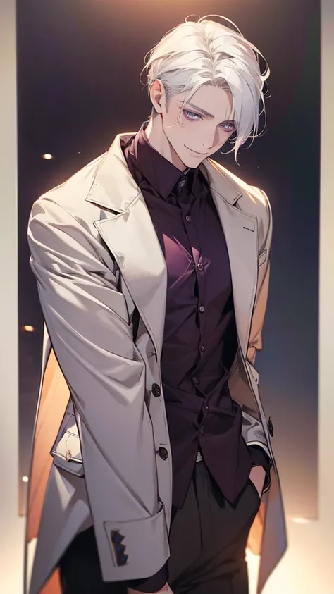 (realistic:1.37, best quality,4K,8k, highres, masterpiece:1.2), ultra-detailed ,Young,Caucasian male,dark purple eyes ,gentle smile,simple clothes,School Atmosphere , medium hair, white hair, light smile .