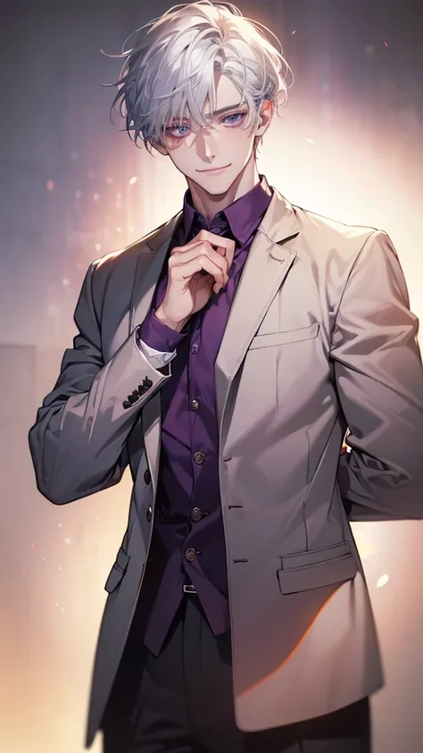 (realistic:1.37, best quality,4K,8k, highres, masterpiece:1.2), ultra-detailed ,Young,Caucasian male,dark purple eyes ,gentle smile,simple clothes,School Atmosphere , medium hair, white hair, light smile .