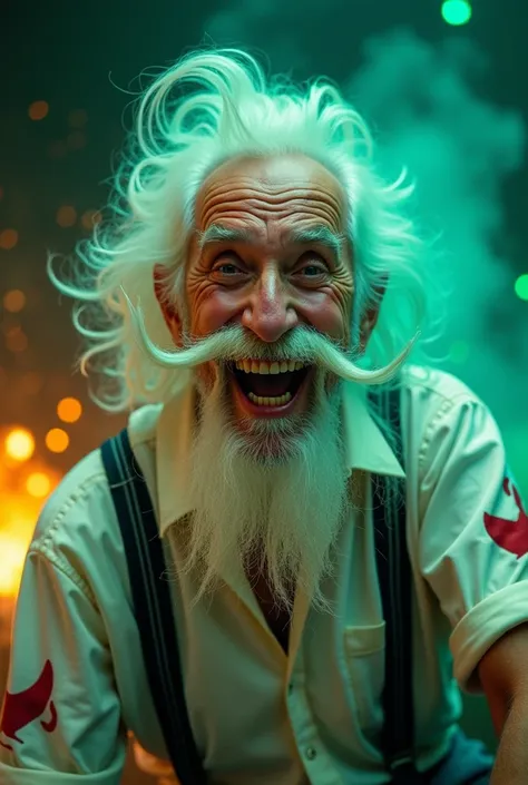 Pointy, disheveled white-haired man with long white mustache curled upwards 68 years old, white shirt with red hornets prints, black and white striped suspenders, Open mouth in laughter.
Explosion background in a chemistry laboratory.
Green luminescent lig...