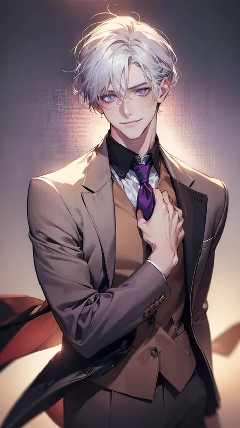 (realistic:1.37, best quality,4K,8k, highres, masterpiece:1.2), ultra-detailed ,Young,Caucasian male,dark purple eyes ,gentle smile,simple clothes,School Atmosphere , medium hair, white hair, light smile .