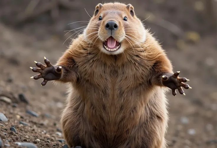 beaver who climbed up a snowy hill, slipped, then stood on two legs with his front paws spread to the side, his face maximally conveying the state of "shock"