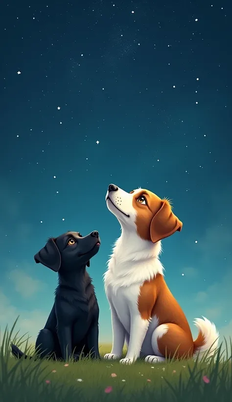 two little dogs sitting on the grass looking at the sky full of stars.  let one of them be black and the other half white with brown. That black is a little smaller than white.