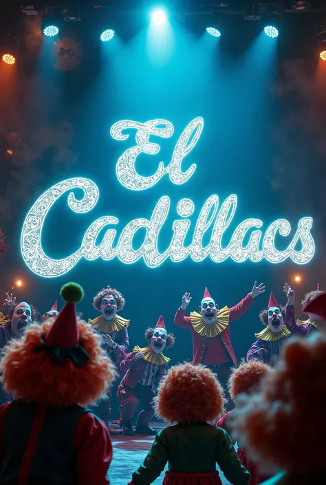 Illuminated letters with spotlights around, Let them say the word: El Cadillacs, In the background a circus , With screaming clowns.