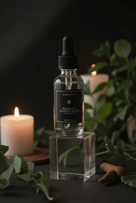 create a feminine mysterious hero photo with one clear dropper bottle sitting on top of a glass block, plants and candles, black label and black dropper top with clear liquid. Vibe should be simplistic, minimalistic, feminine, luxury, and a tropical, herba...