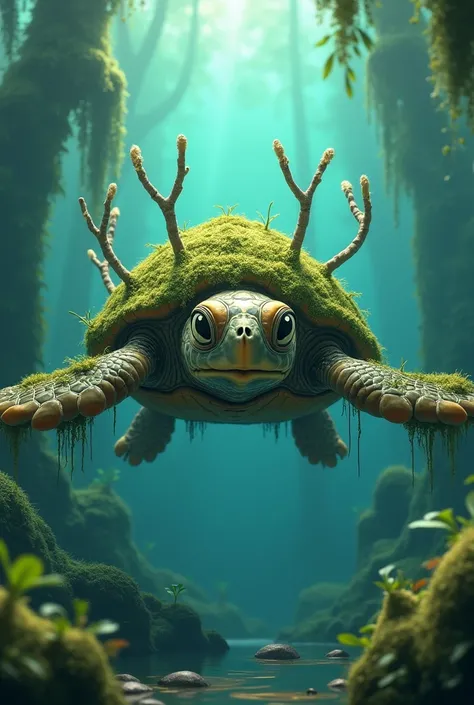 a sea turtle with six flippers on each eye, two pupils on it, moss grows and hangs down, swims in a swamp, and it itself is a swamp color, anime style