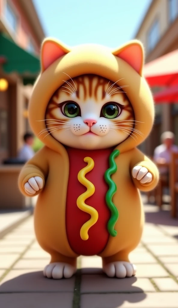 Genrate a realistic image of a Baby cat wearing a hot dog shaped costume , 頭にBaby cat wearing a hot dog shaped costume ,  Baby cat wearing a hot dog costume from head to foot ,  cute baby cat standing on 2 back legs ,  baby cat without nails , Cat without ...