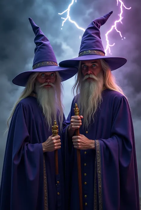  Two classic wizards looking directly at the screen ,  both wearing pointed hats and elegant purple clothes ,  with mystical and ornate details .  Electric rays shine around them ,  creating an intense and magical atmosphere .  The background is composed o...