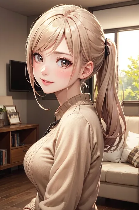 ( Best Quality ),( high resolution),(8k),(inelity detailed background),( masterpiece :1.2), beautiful girl,Big Breasts,Shiny khaki hair,long hair,ponytail, Beautiful khaki eyes,  knit , Gentle look,A refreshing look, top quality, Best Quality ,Aesthetic an...