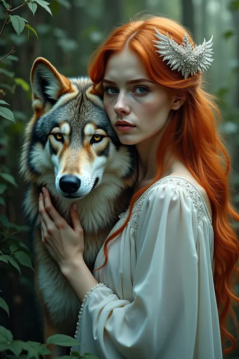 A redheaded woman wearing a sky mask cuddles with a wolf