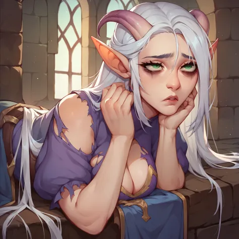 masterpiece. a purple tiefling with green eyes and white hair. she looks depressed and sad, bags under eyes. she has torn medieval clothes on. she is on the ground inside a castle.