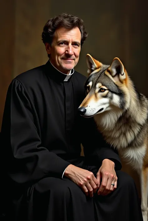 Portrait of Saint John Bosco, a Catholic saint, seated with a dignified and serene posture, wearing a black cassock and a white clerical collar. His face is wide and oval, with dark brown hair, gentle, deep-set eyes, thin lips in a slight smile and fair sk...