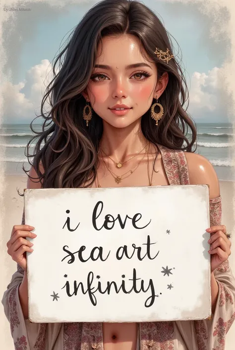 Beautiful girl with wavy long hair, bohemian dress, holding a white board with text "I Love Seaart Infinity" and showing it to the viewer