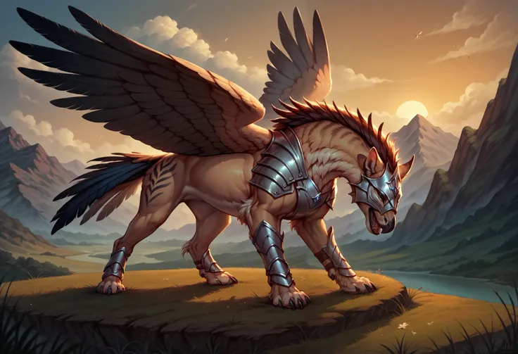 ((feral)) griphon female feathers delicate armor mountains detailed realistic intricate colorful detailed in the sunset detailed clouds line drawing cartoon logo