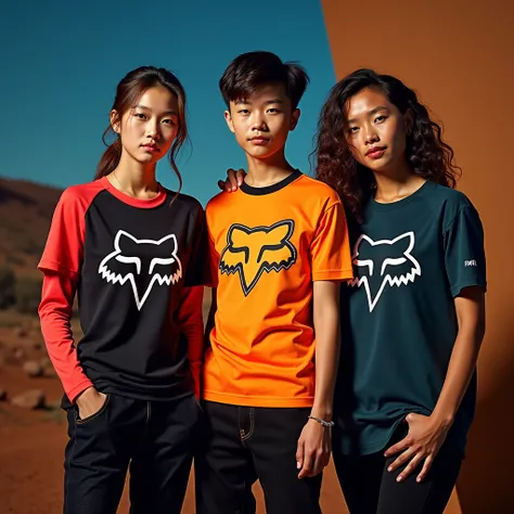  3 people wearing different motocross shirts with the fox brand greeting magazine style