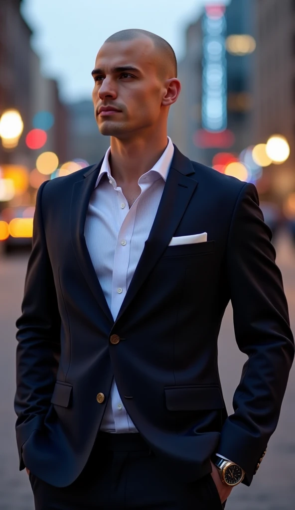 A bald young man , Sporty sexy build with a suit in the evening in the city. He is big ,  the top button on the shirt is open . He is wearing a watch that matches the suit . He looks like a real person. Full HD