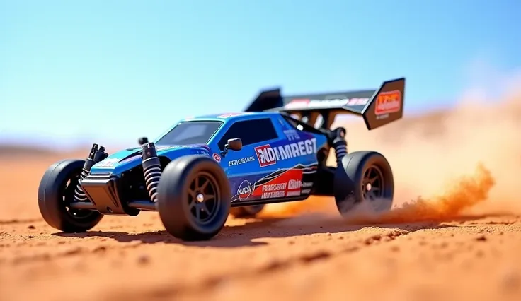 2, a small blue remote control buggy race truck, detailed metal body, with sponsor, detailed big aileron, highly detailed, photorealistic, hyper detailed, intricate details, professional lighting, motion blur, dusty environment, on track, sunny day, blue s...