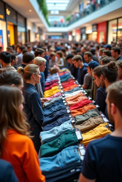 A rush of people is looking at bunch of Chino pants of different colors in a mall