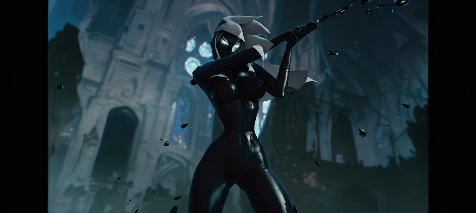 Gwenom fighting to remove the black liquid latex symbiote suit , female , 1girl, symbiote tendrils, slim body shape, sexy female body, girl sexy, church tower  background , black bodysuit, mask  , white eyes , hood up , 