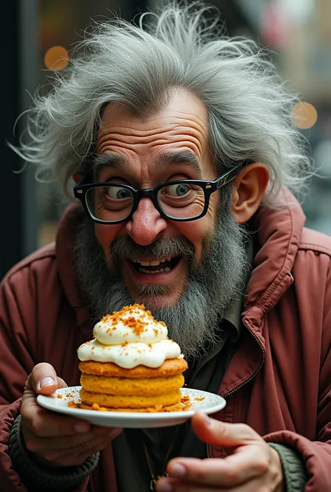 A fat hobo with big gray frizzy hair, wearing broken glasses, eating a pumpkin sufle with grave on his beard