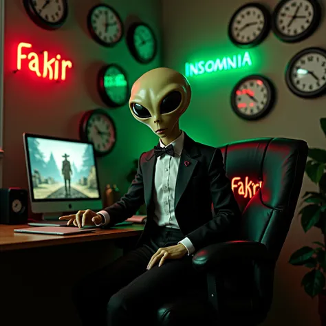 An alien dressed in a tuxedo  .  filled with clocks on a wall and a neon saying counterstrike2 community.  On the other wall a green neon INSOMNIA  . On the computer table a pearl-green rambo knife  .  on the computer images of the game saying Counterstrik...