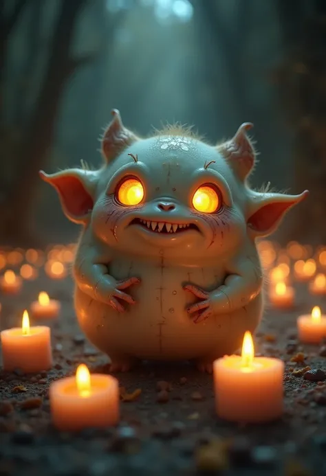 "A small, adorable creature with large, sparkling eyes that glow like candle flames, casting a soft, flickering light around it. Its body is round and plump, covered in pale, soft skin, and it has a slight, almost endearing grin that reveals sharp, tiny te...