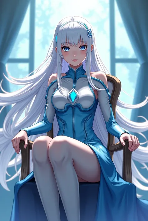 Girl from Boku no hero.  long white hair look like.  light blue eyes her gift is to control the wind. She is sitting on a chair in her hero costume