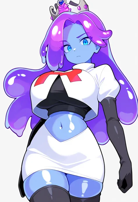 masterpiece, best quality, 1girl, solo, looking at viewer, queenslime, long hair, crown, colored skin, slime girl, large breasts, curvy, purple hair, team rocket,team rocket uniform,white skirt,red letter R,crop top,black thigh-highs,black elbow gloves, co...