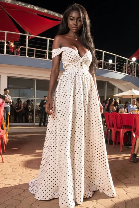 ebony woman in a polka dot dress posing on a deck, polka dot, full length shot, full length view, in a maxi white dress, white with black spots, long white dress, opened dress, bottom angle, full covered dress, wearing a white flowing dress, close medium s...