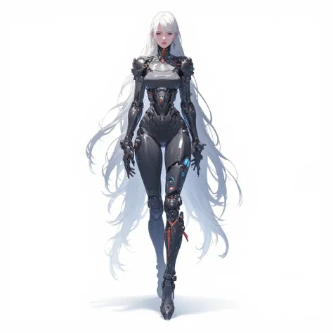 AI woman with cybernetic body black mechanics and darkgray plastic, very tall, with thick thighs, wide hips, long legs, high heel, and a slender waist. Dark red glowing eyes, long flowing white hair. Alluring, looking directly at the camera. Giant ultrafas...