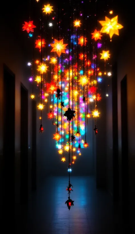 In a dark hallway、Lots of glowing wind chimes、red、blue、yellow、green、Purple、 orange、 pink 、Yellow green、white、Stained glass with a screen full of iridescent sparkles、 three-dimensional composition。On beautiful, colorful stained glass that shines brightly、Gl...