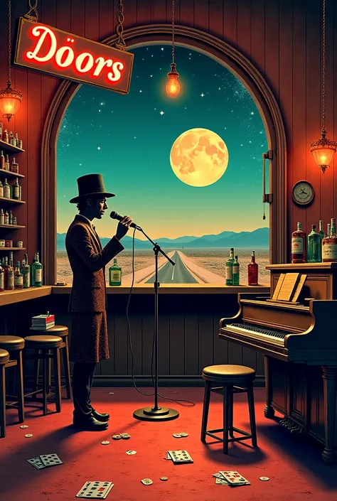 " A surreal and psychedelic scene inspired by the song 'Alabama Song' by The Doors .  Shows a dark and decadent bar from the 1920s , with dim lights and neon . in the center, a male figure in a top hat and a shiny dress sings into an antique microphone. ar...