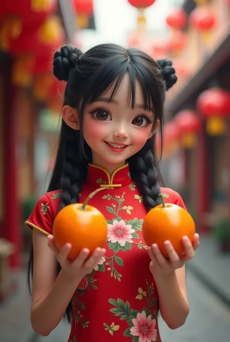 adorable asian young woman, her height around 150 cm. tall, smiling, holding 2 mandarin oranges, each mandarin on each her hand,  at Yaowarat, เยาวราช, Thai-Chinatown,  BREAK,{forehead, black  hair, long straight hair with braid, double buns}, BREAK, wears...