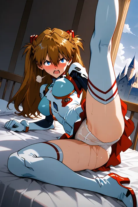 asuka_langley,1 female,solo,looking at the scenery,
high kick,very angry,drunk,incontinence,
large breast,
I_,wet brown hair,viewer,blue eyes,long hair,hair between the eyes,beautiful eyes,more detailed hair,

white lace up boots,thigh-high boots,white big...