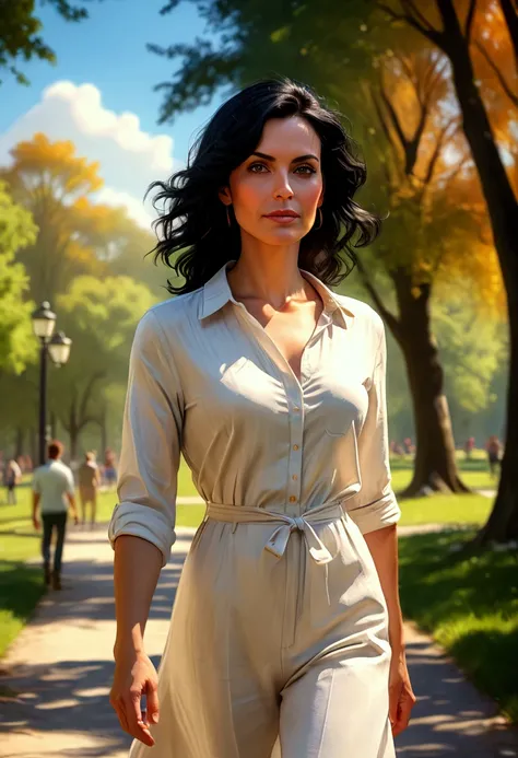 A beautiful 40 year old European woman with black hair, casually dressed, walking in the park on a hot summer day, full body view, (best quality,4k,8k,highres,masterpiece:1.2),ultra-detailed,(realistic,photorealistic,photo-realistic:1.37),HDR,UHD,studio li...